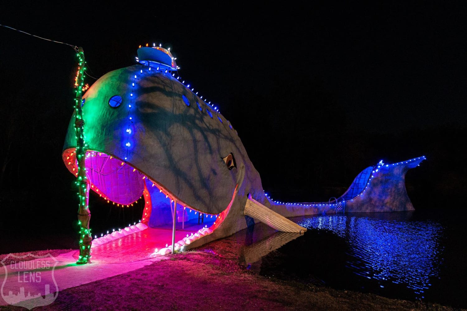 The Blue Whale of Catoosa, OK lit up for Christmas