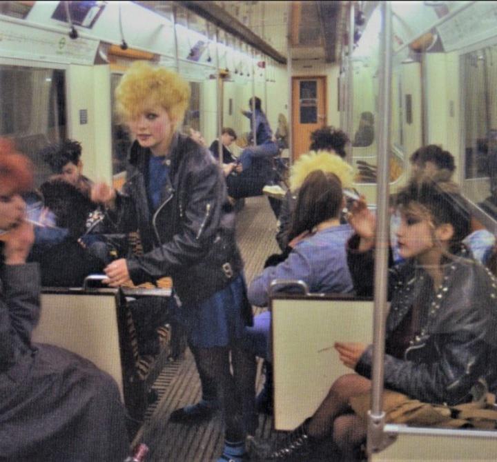 Punk girls on the Tube, London, 1983.