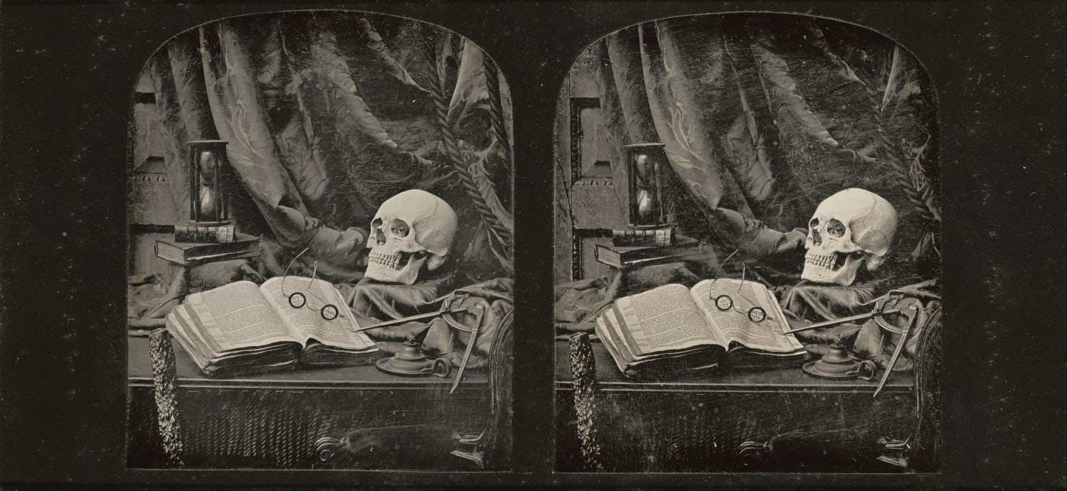 Framed stereoscopic daguerreotype still life photo titled “The Sands of Time” taken by English photographer Thomas Richard Williams, c. 1850-1852.