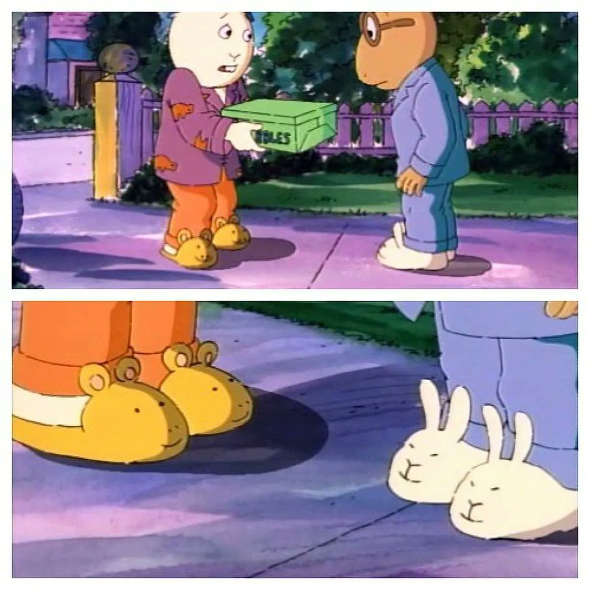 Arthur (the aardvark) has bunny slippers, while his best friend Buster (a bunny) has aardvark slippers