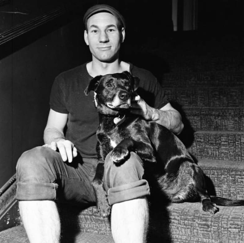 1970: Sir Patrick Stewart, as Launce in The Royal Shakespeare Company's production of The Two Gentlemen of Verona. That's his dog, Blackie, who was cast to play the dog named Crab.