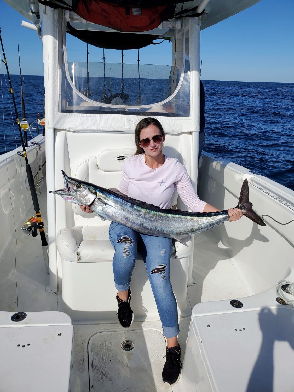 First Wahoo on Doris! Screamed out half of a 50W Avet on the first run. I thought it was a 50+ pound fish, scale came in at 32. Charleston SC.