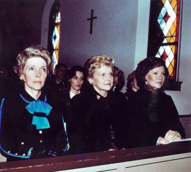 First Ladies Nancy Reagan, Betty Ford, and Rosalynn Carter in attendance for the Funeral of Former First Lady Bess Truman, 1982