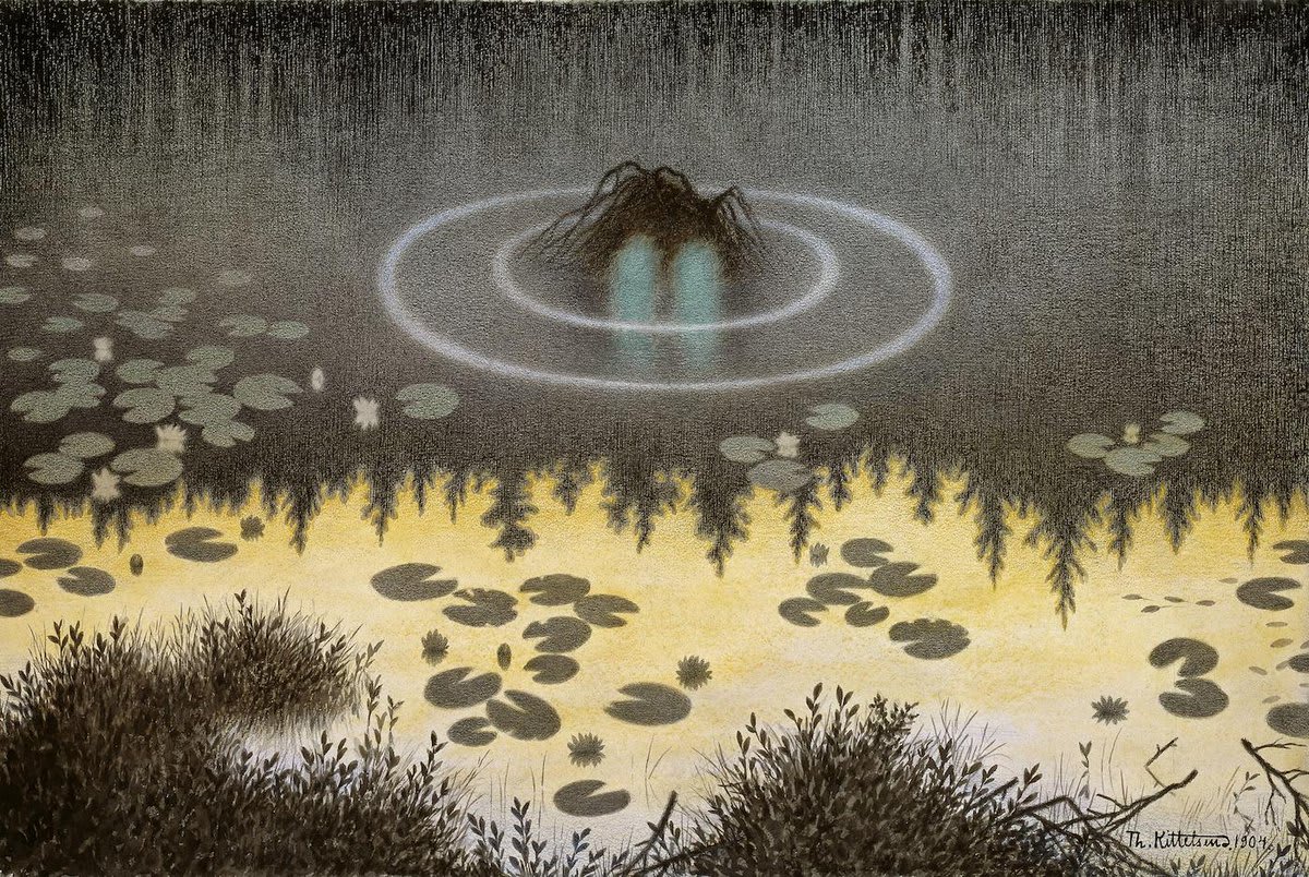 Theodor Kittelsen, Nøkken, 1904. In Scandinavian folklore the nøkk are shapeshifting male water spirits known to lure women and children to drown in lakes or streams. One of 500+ publicdomain images in our new book AFFINITIES. Get your copy here: