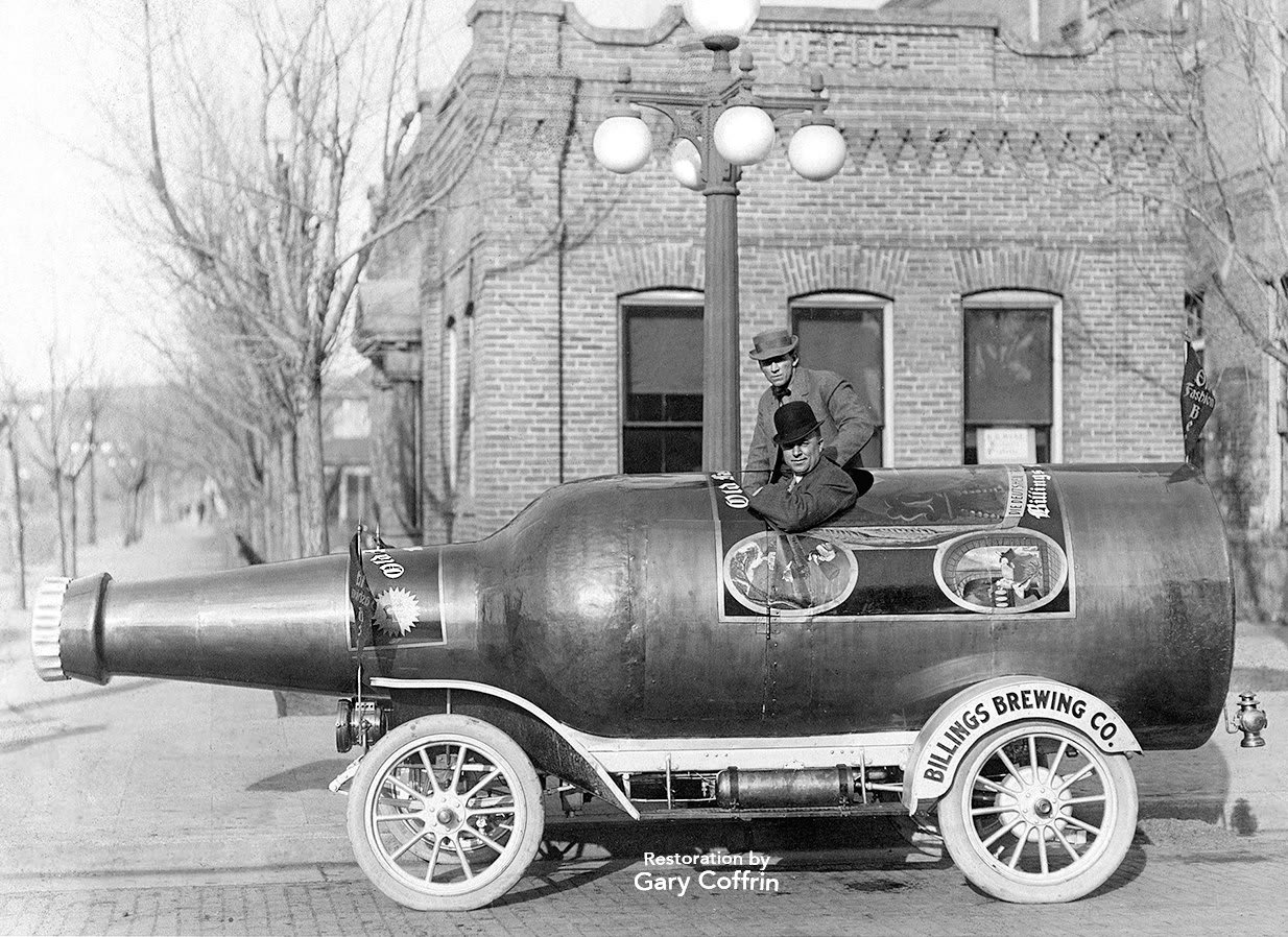 The Beer Bottle Car promoting the Billings Brewing Company, approx 1910. The brewery, which opened in 1900, mounted the metal bottle atop a Maytag chain-drive automobile.