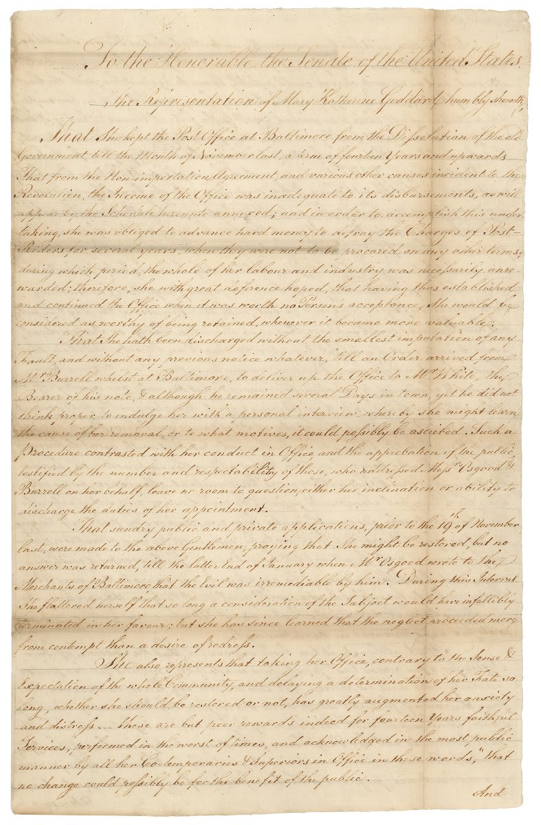 Petition of Mary Katherine Goddard for Reinstatement as Postmaster of Baltimore, 230 years ago