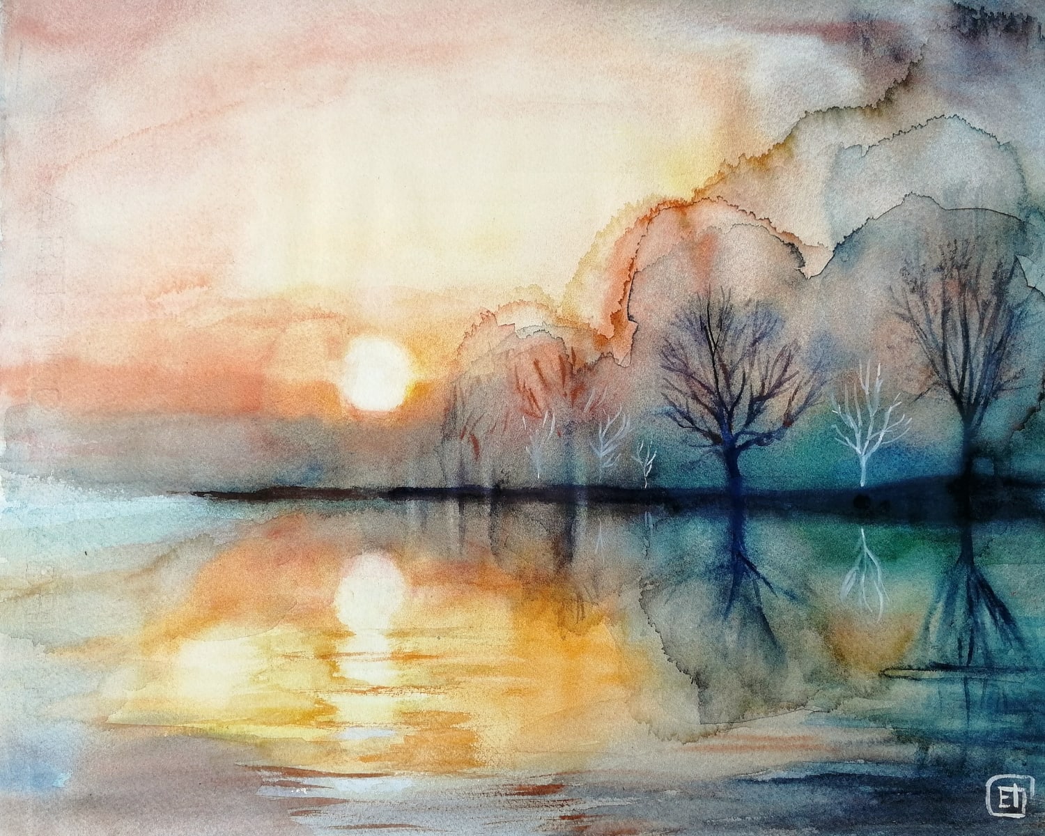 Abstract sunset on the lake, watercolor, me, 2022