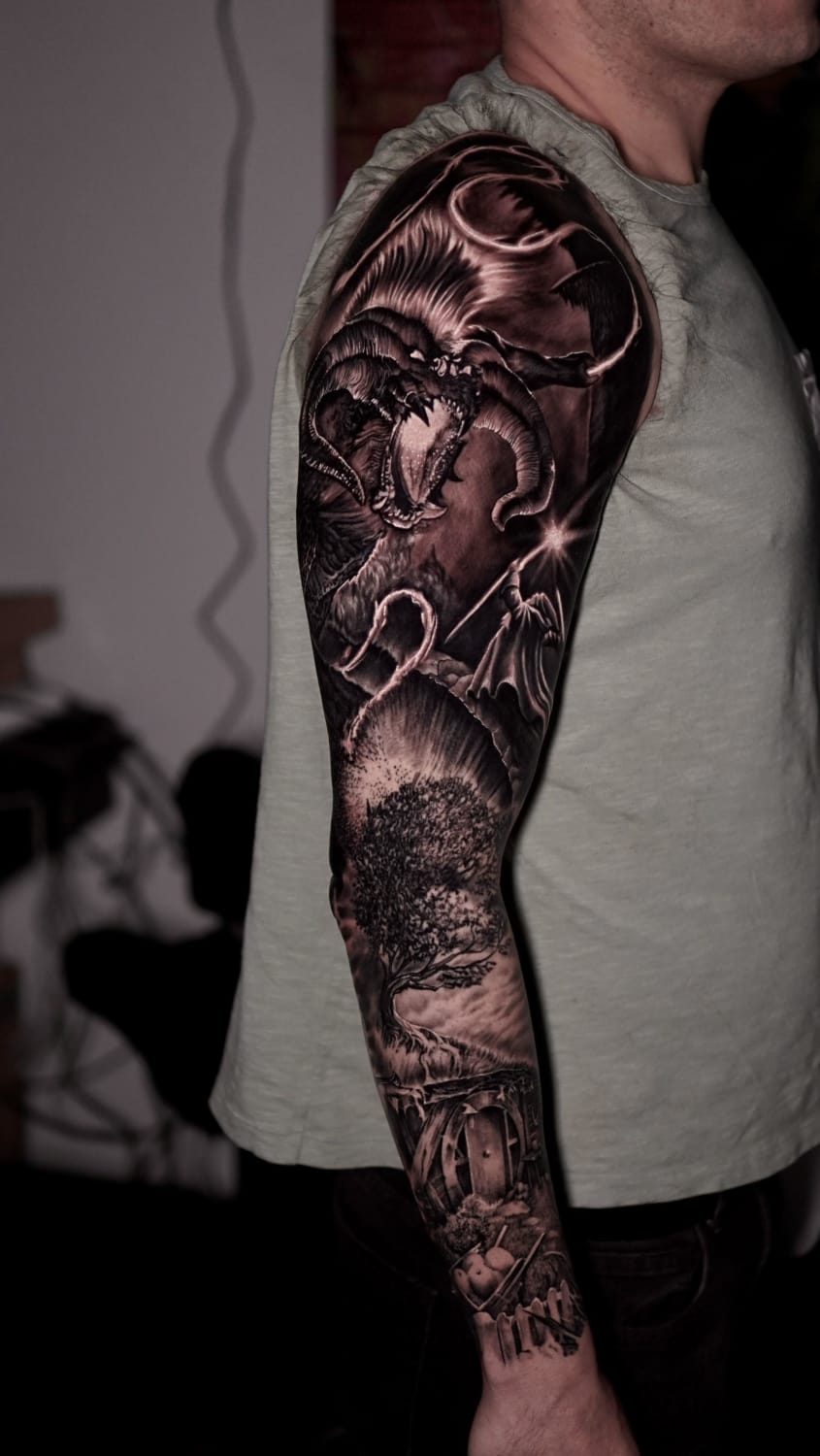 LOTR sleeve done by Dave Sevilla at Bad Decision Tattoo Studio in Branford CT