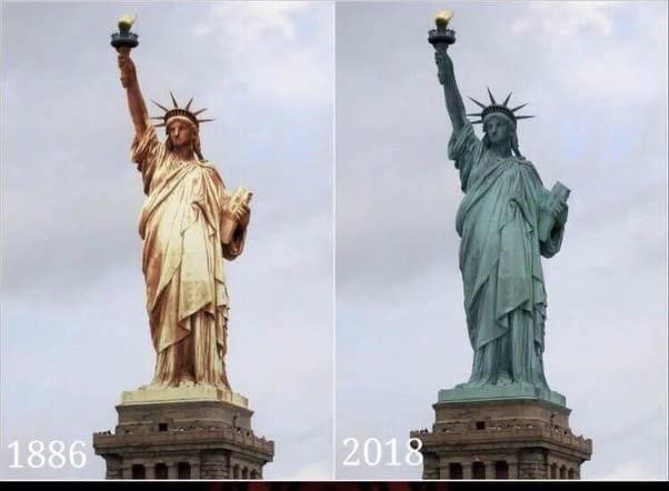 The original colour of the Statue of Liberty was brownish gold and over time it turned green due to oxidation.
