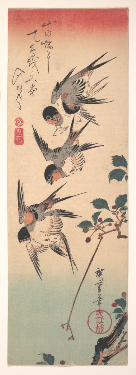 The sun, now setting, over the mountain ridges sends the swallows home. On NationalHaikuPoetryDay enjoy a moment of calm with this haiku by Takarai Kikaku on a woodblock print by Utagawa Hiroshige. More on this piece: https://t.co/bs2vl8aGde Share your haiku below! ⬇️