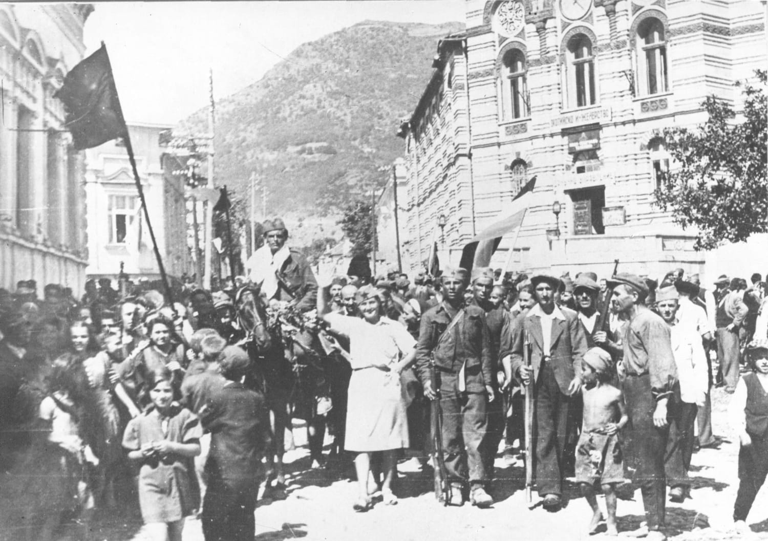 Yugoslav partisans on the streets of Vranje, Serbia after liberating it from Bulgarian occupants, October 11th 1944.