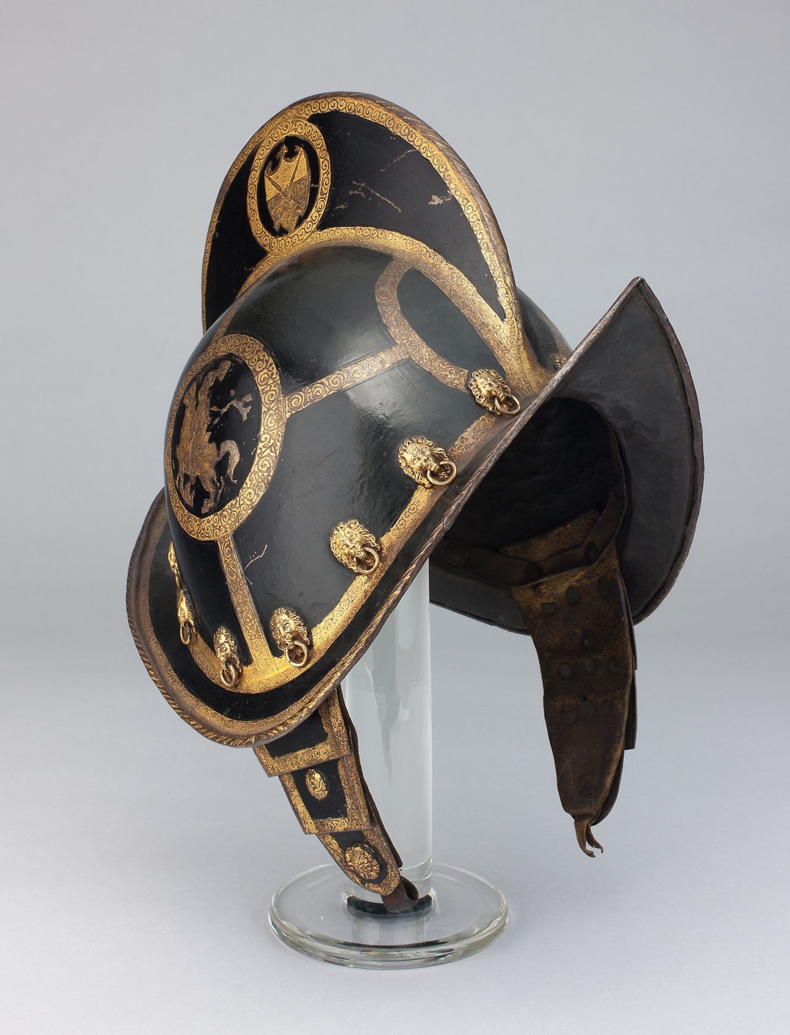 Morion for the Bodyguard of the Elector of Saxony. Made by Hans Michel 1570-1590 in Nuremberg of steel, gilding, brass and leather.