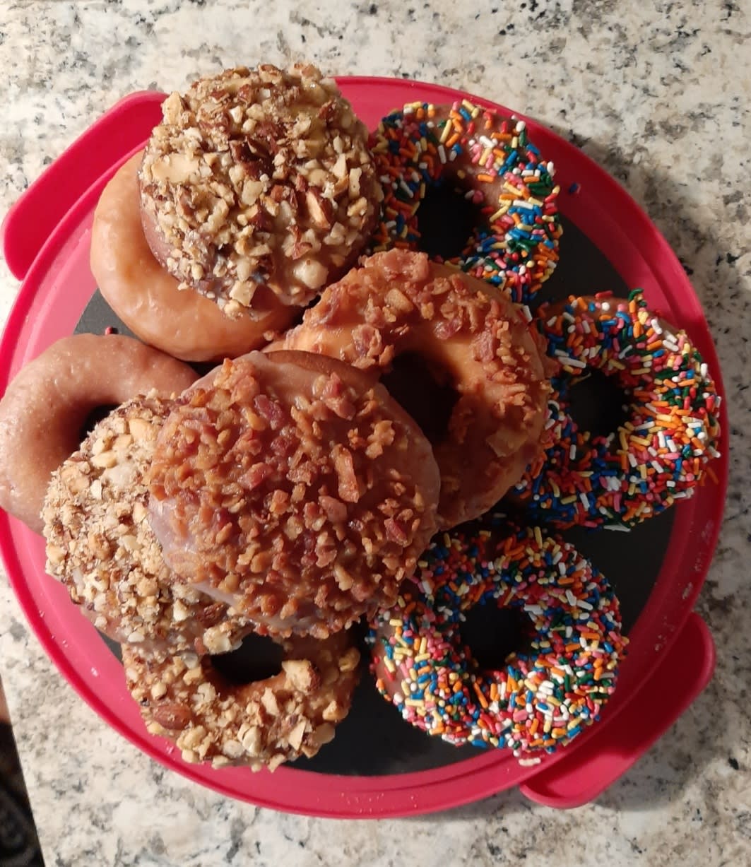 Homemade Donuts - Maple Bacon, Maple Glazed, Sprinkles, Mixed Nuts and Glaze. Some with Lemon Curd filling.