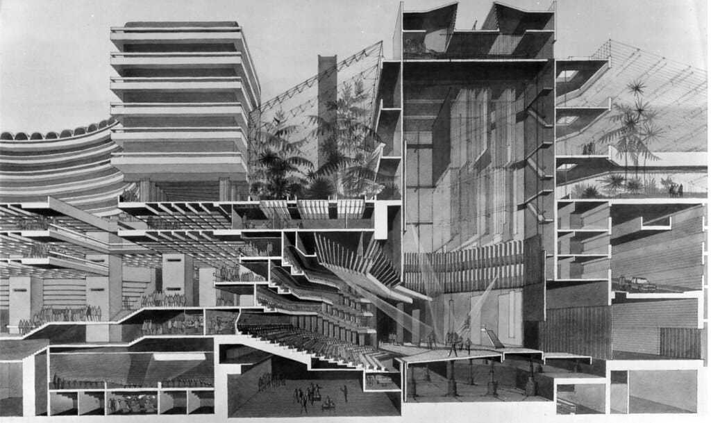 Cross-section of the Barbican Centre, a performing arts venue in London