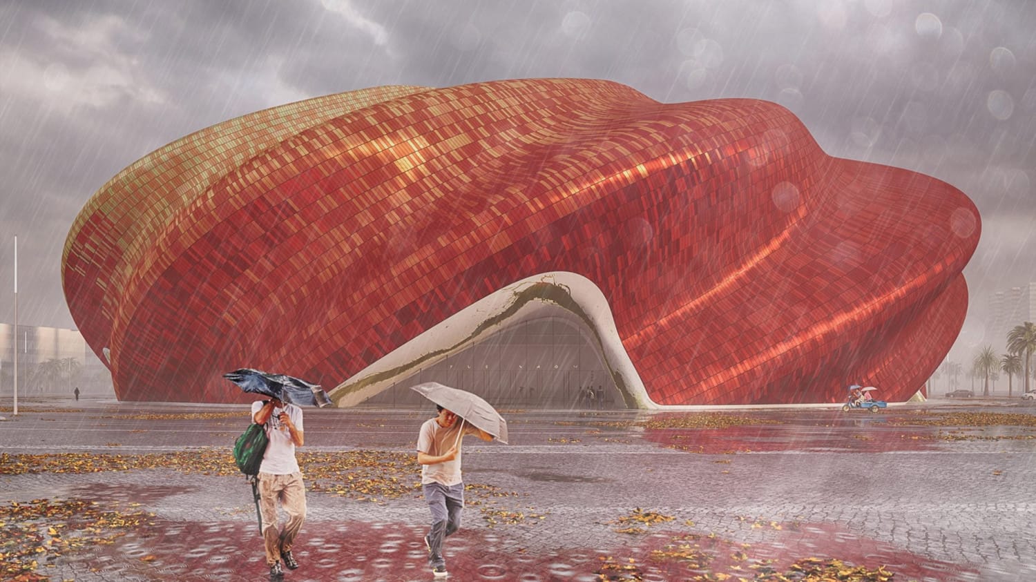 Sunac Guangzhou Grand Theatre, by Steven Chilton Architects (London). The design is inspired by traditional silk embroidery and the physicality of silk cloth, through a series of gently twisting folds that define the outer envelope.