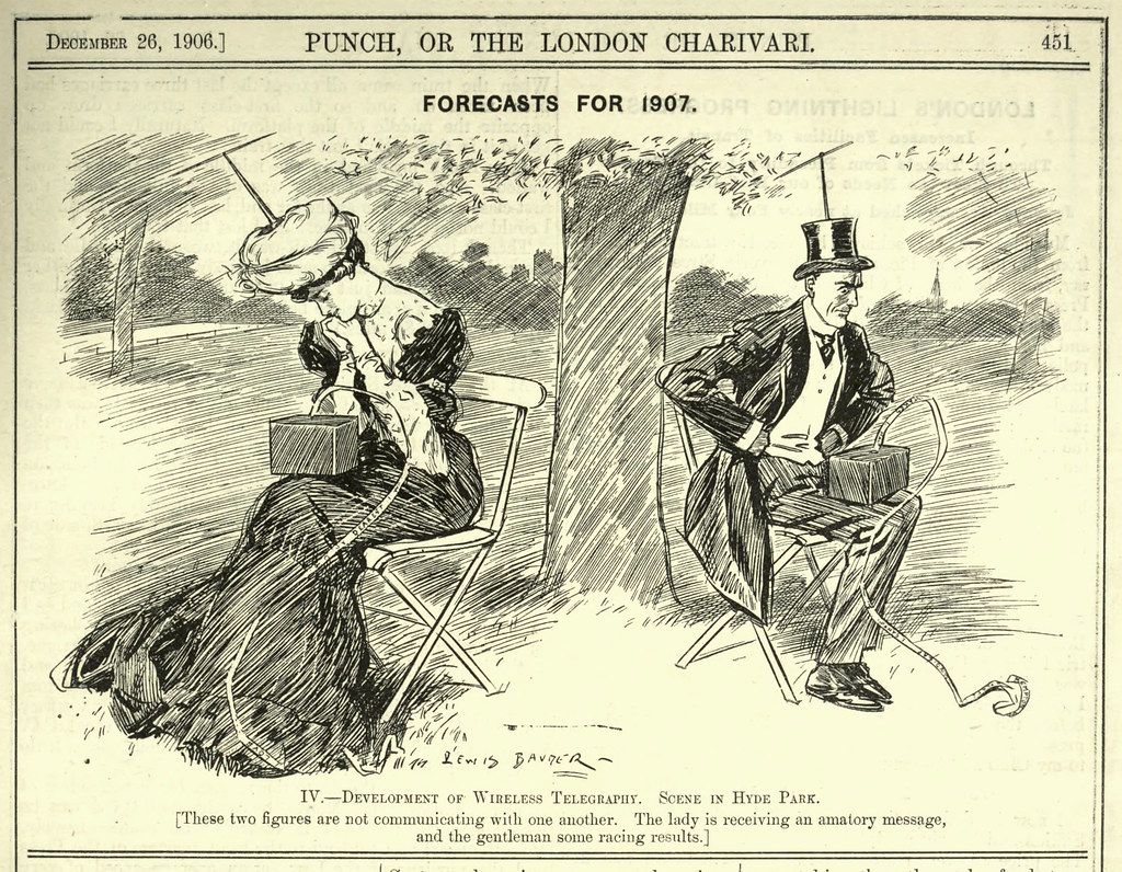 Replace these “wireless telegraphs” with smartphones, update the dress a little, and this vision of "isolating technology" from a 1906 issue of Punch magazine could easily be from today: