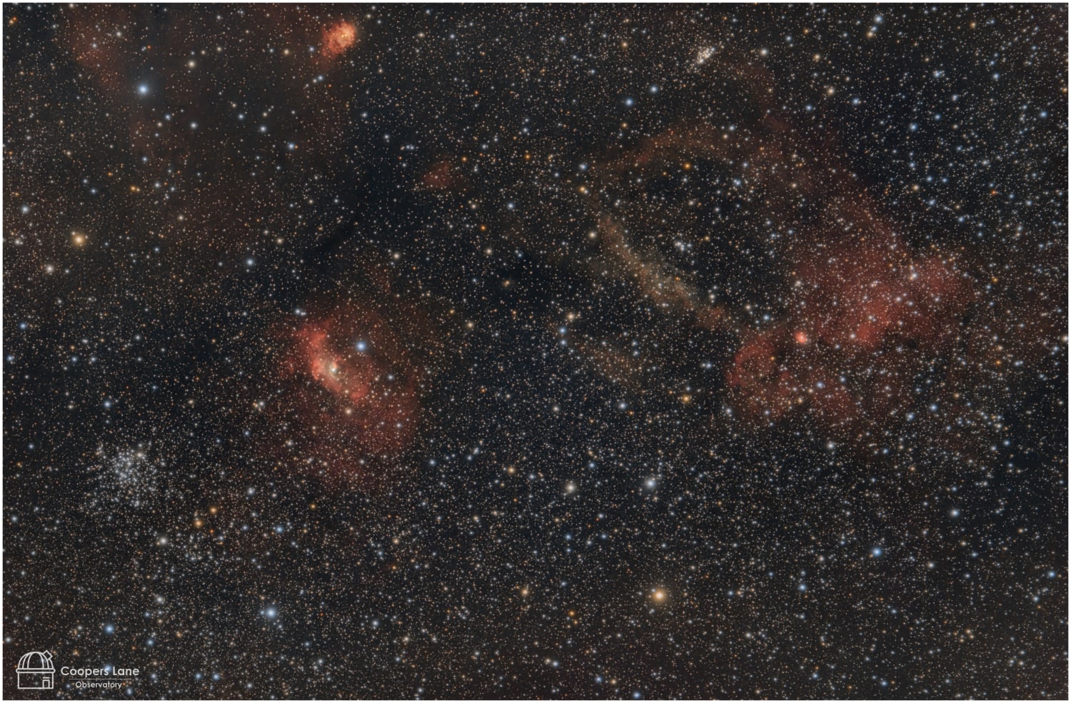 A widefield view around the Bubble and Lobster Claw nebulae, including M52 star cluster