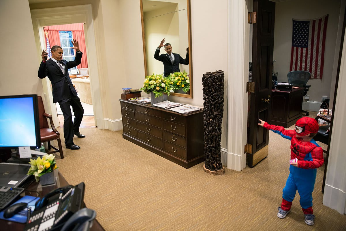 When your spidey-sense is tingling for Halloween candy. https://t.co/G9Z8b9nxu9: President Obama pretends to be caught in Spider-Man's web as he greets a child outside the Oval Office dressed up for Halloween. 10/26/2012.