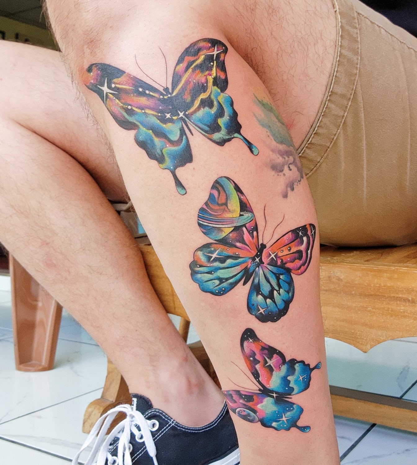 Second leg tattoo. Psychedelic butterflies. El Salvador, 08.10.2022