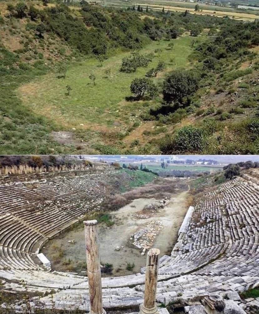 Ancient Greece before and after excavation.