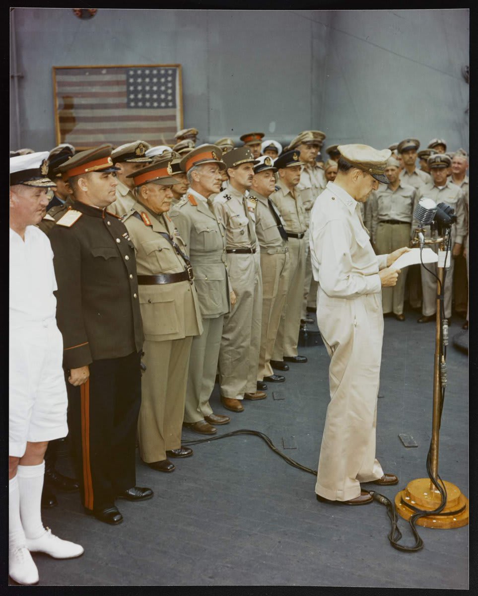 75 years ago today, WorldWarII officially ended when representatives from the Empire of Japan met with those of the United States and other Allied nations to sign the surrender document aboard the battleship USS Missouri in Tokyo Bay: