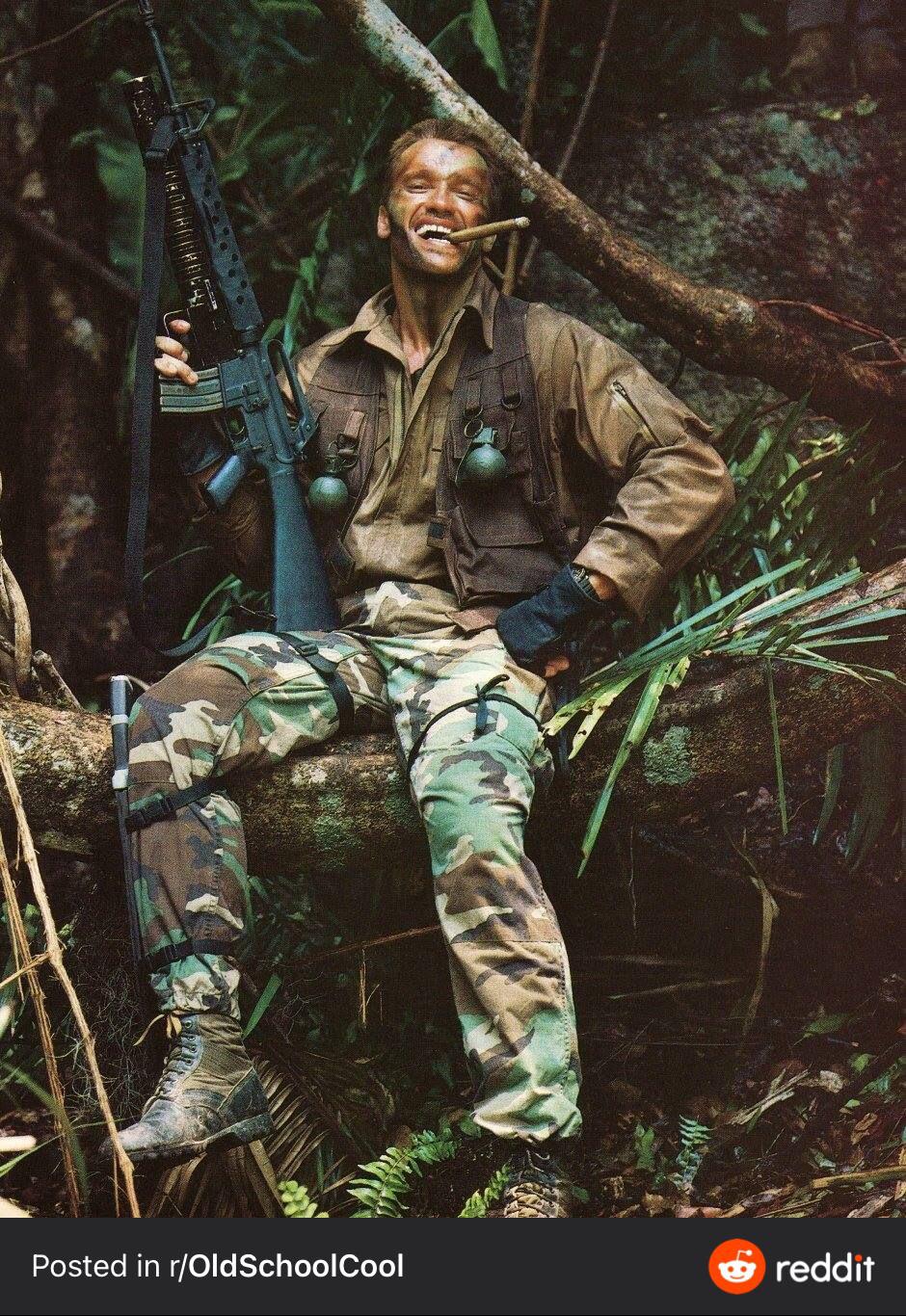 PsBattle: Arnold Schwarzenegger filming for ‘the Predator’ in 1986.