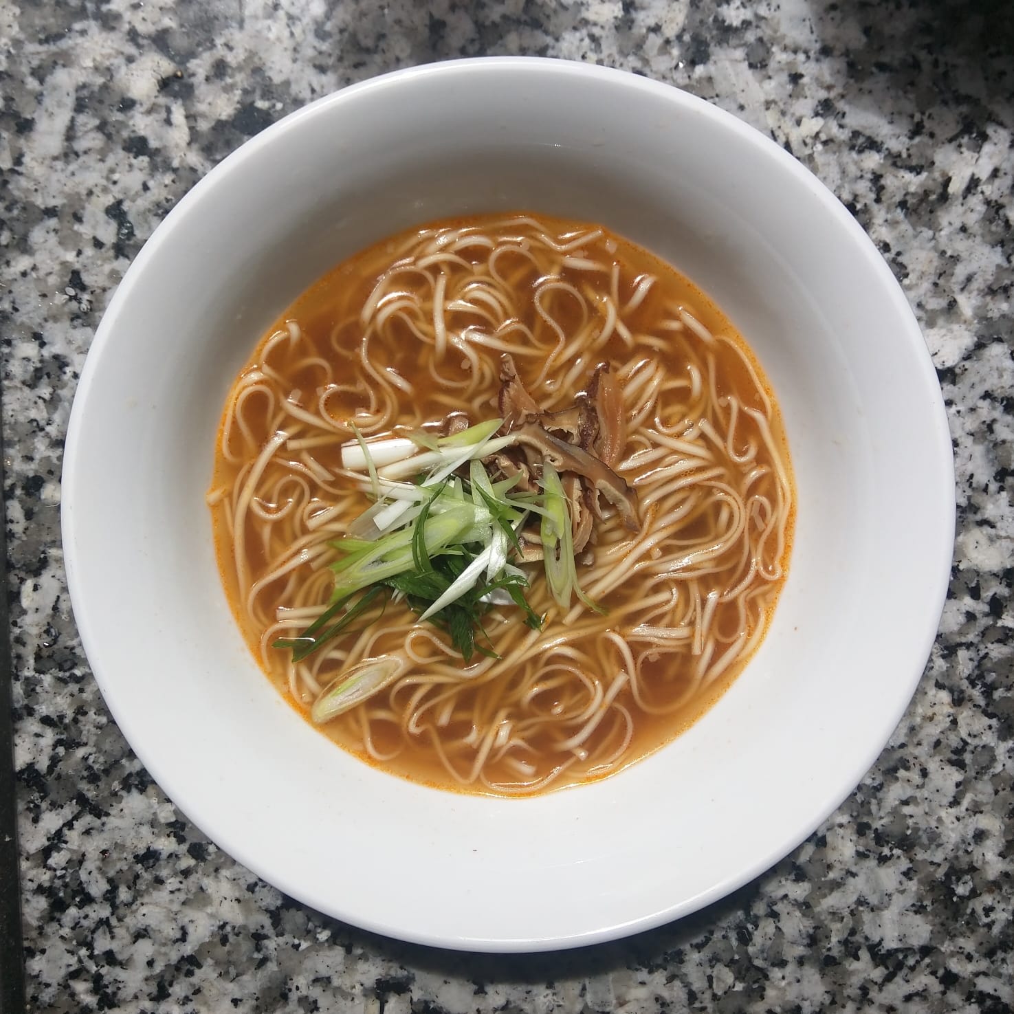 Probably the simplest ramen I ever made: Fish stock, shoyu tare, topped with scallions and shiitake.