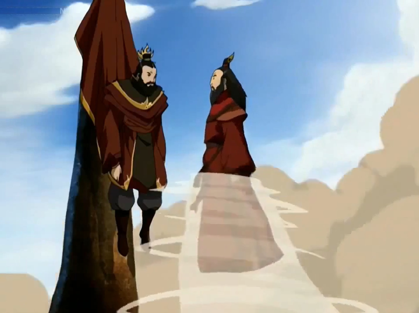 This is probably just a stretch or already pointed out but I just noticed that in this scene, Roku, suspended by Air, was trying to avoid conflict by sparing Sozin, while Sozin, suspended by Earth, was firm until the end with his vision. The two elements nicely symbolize their differences.