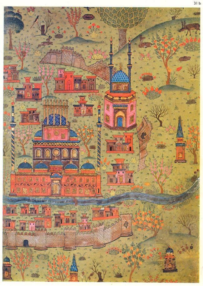 The city of Soltaniyeh in Iran, painted in the 16th century by the Bosnian-born polymath Matrakçı Nasuh. More of his beautiful miniatures of Middle Eastern cityscapes and maps here:
