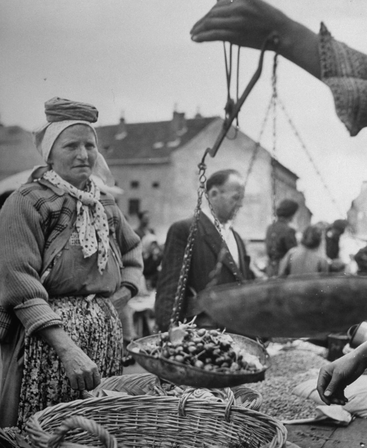 A woman watching as the cherries are being weighed at the market (Zagreb, Yugoslavia 1948)