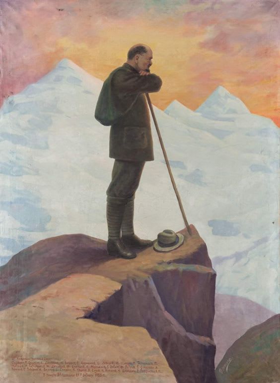 "V.I. Lenin in the mountains of Switzerland" painting by Fyodor Lepeshkin, USSR, 1925