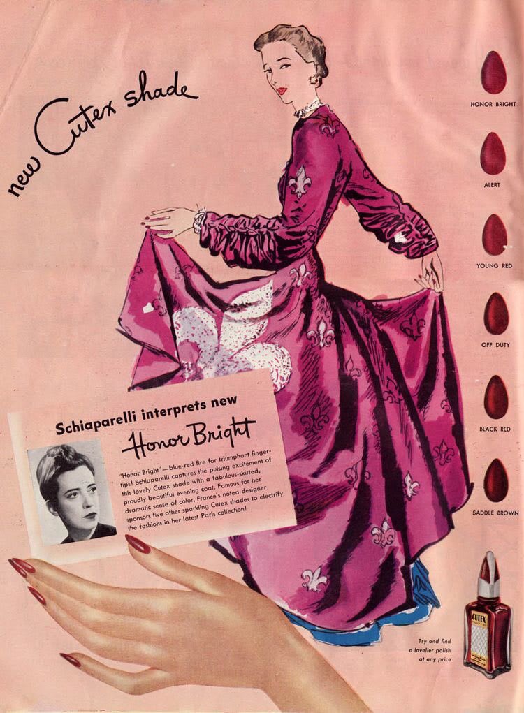 Elsa Schiaparelli's signature color was shocking pink. She described it as "life-giving, like all the light and the birds and the fish in the world put together..." Her collab with Cutex created vivid polish shades to pair with her hot pink designs.