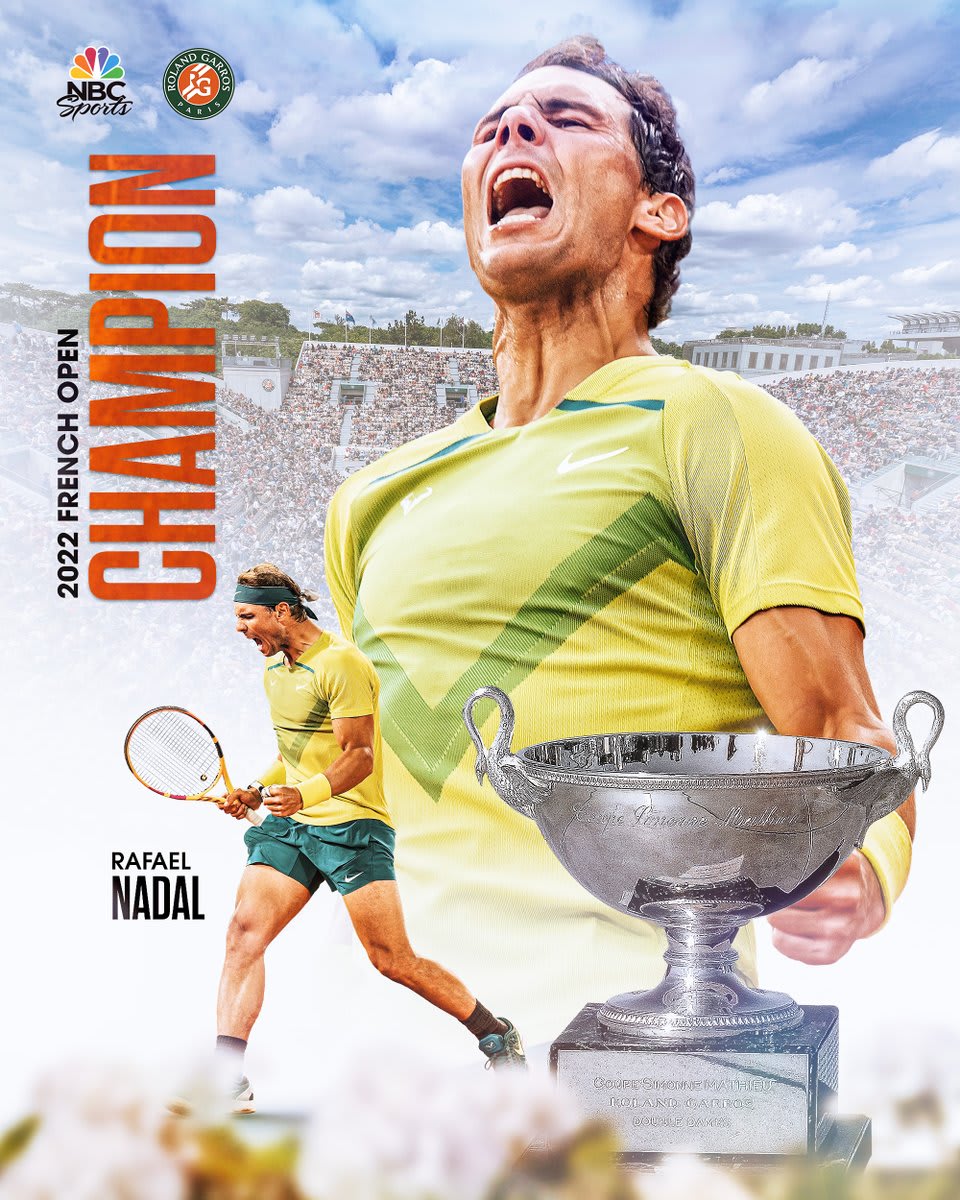 '@RafaelNadal is the French Open Champion! This is his 14th French Open title and 22nd overall Grand Slam title.