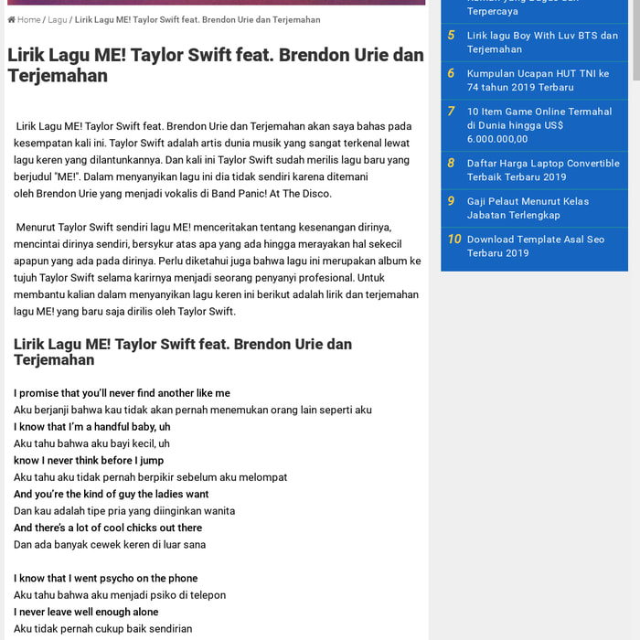 Mix Lirik Lagu Me Taylor Swift Feat Brendon Urie Dan