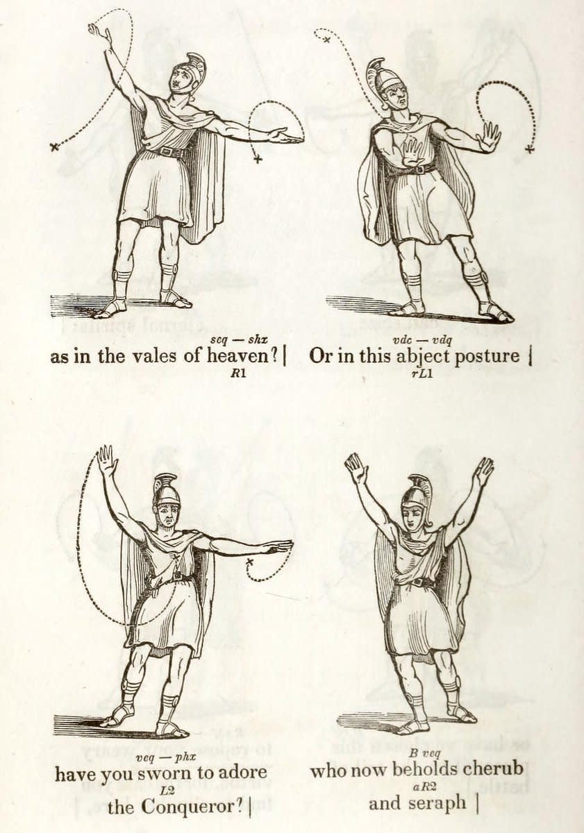 From A System of Elocution (1846) by Andrew Comstock. To illustrate the proper gestures to adopt when public speaking Comstock has a figure enact out a section from Milton’s Paradise Lost, in which Satan delivers a speech to awaken his legions. More here: