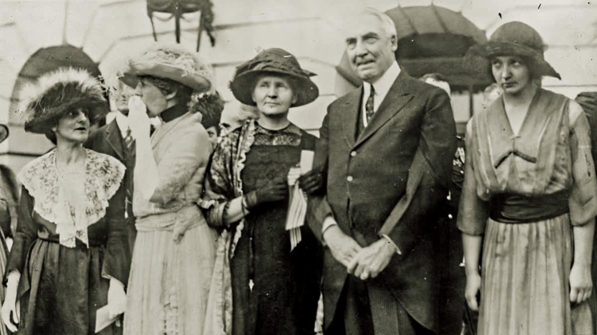 Then-President Warren G. Harding (1865-1923) with Marie Curie (1867-1934) outside the White House on May 10th, 1921.