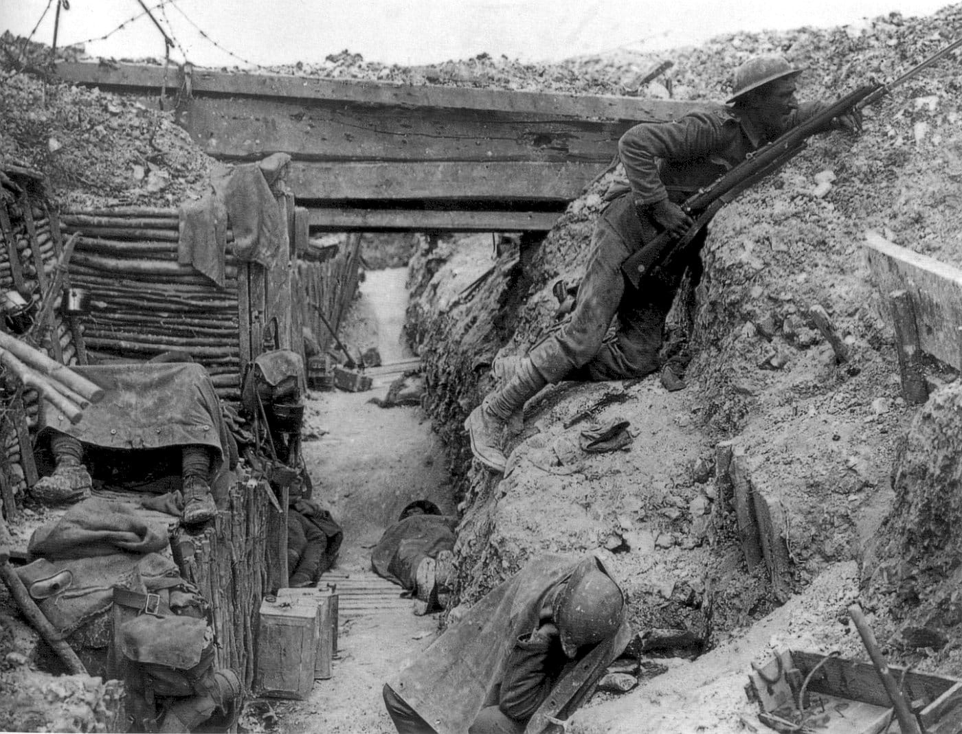 A German trench occupied by British soldiers from the Chesire Regiment near Albert-Bapaume road at Ovillers-la-Boisselle, July 1916, Battle of the Somme