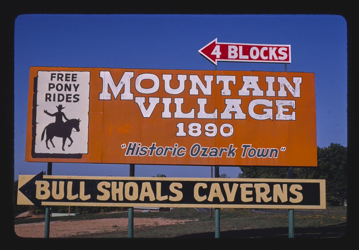 mountain village billboard, route 178, bull shoals, arkansas, 1980