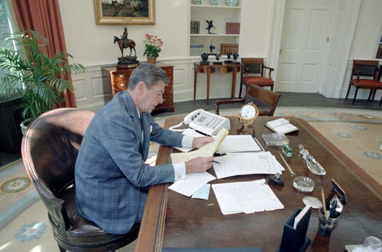 President Ronald Reagan in the Oval Office working on an upcoming speech to the nation. OTD 9/24/1981. You can explore the speeches of Ronald Reagan through video and audio recordings to written transcripts at