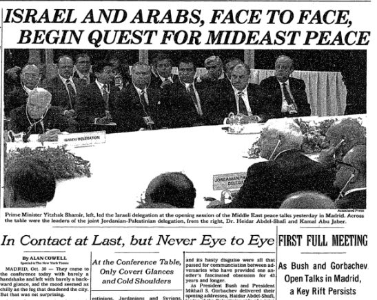 President Bush and President Gorbachev delivered opening addresses at the Middle East peace talks, on this day in 1991