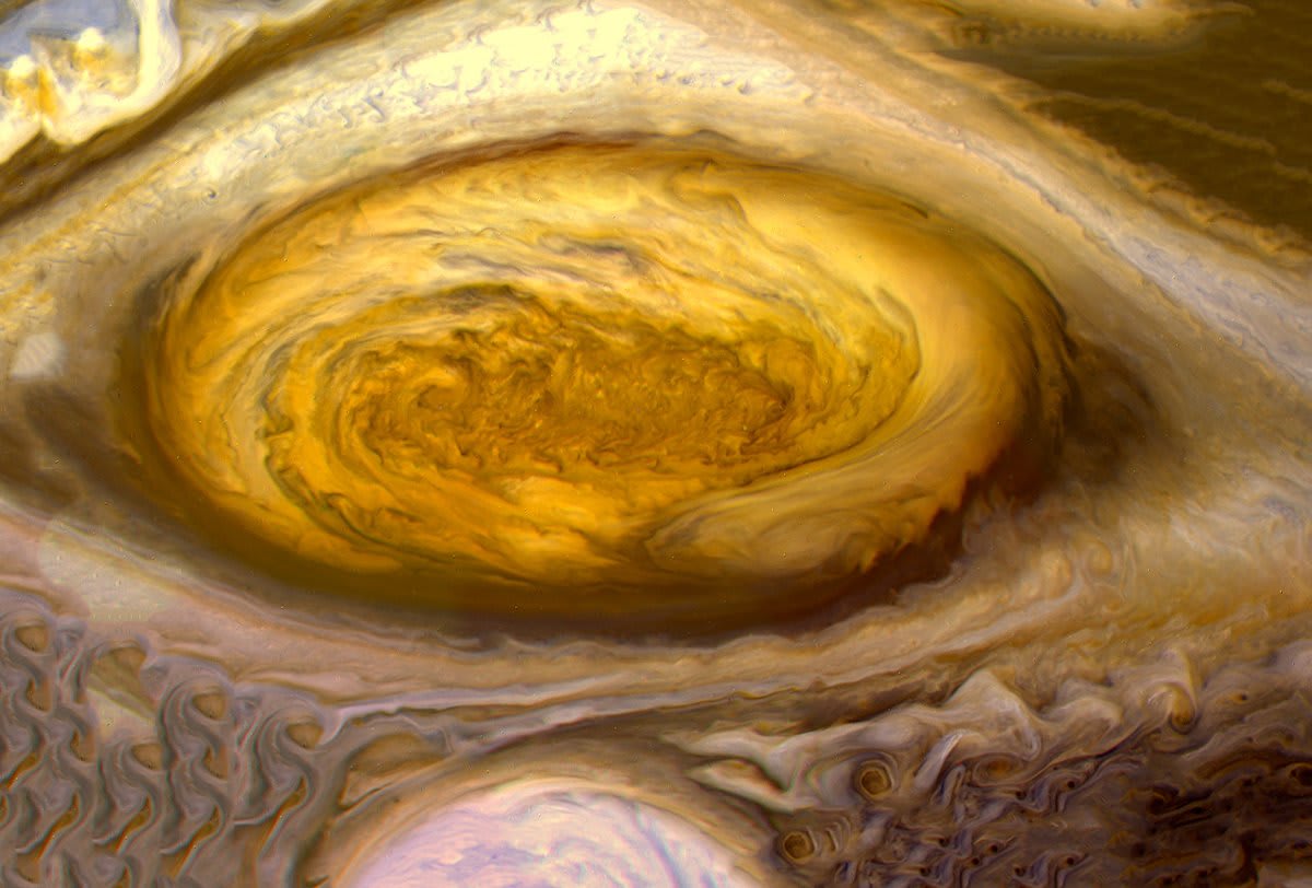 The Great Red Spot of Jupiter, observed by Voyager 2 on this day 1979. Via