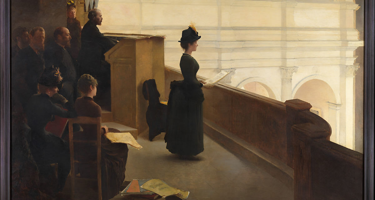 Despite the limited visibility of the garments, the figures depicted in Henry Lerolle’s The Organ Rehearsal can be seen as a fashionable group of churchgoers to 1885 standards — complete with plumed hats and bustled skirts. Read more!