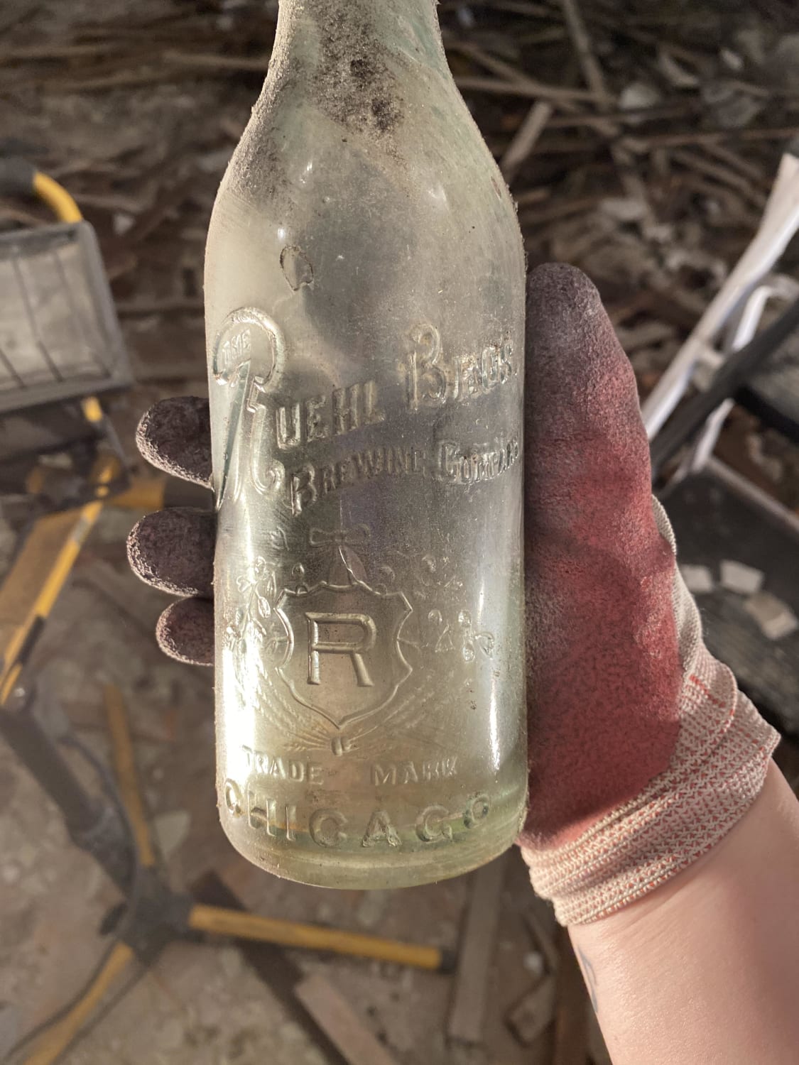 Old bottle from Ruehl Bros. brewery in Chicago I found behind a wall during our demo in our master bedroom. According to google, brewery existed from 1915-1926.