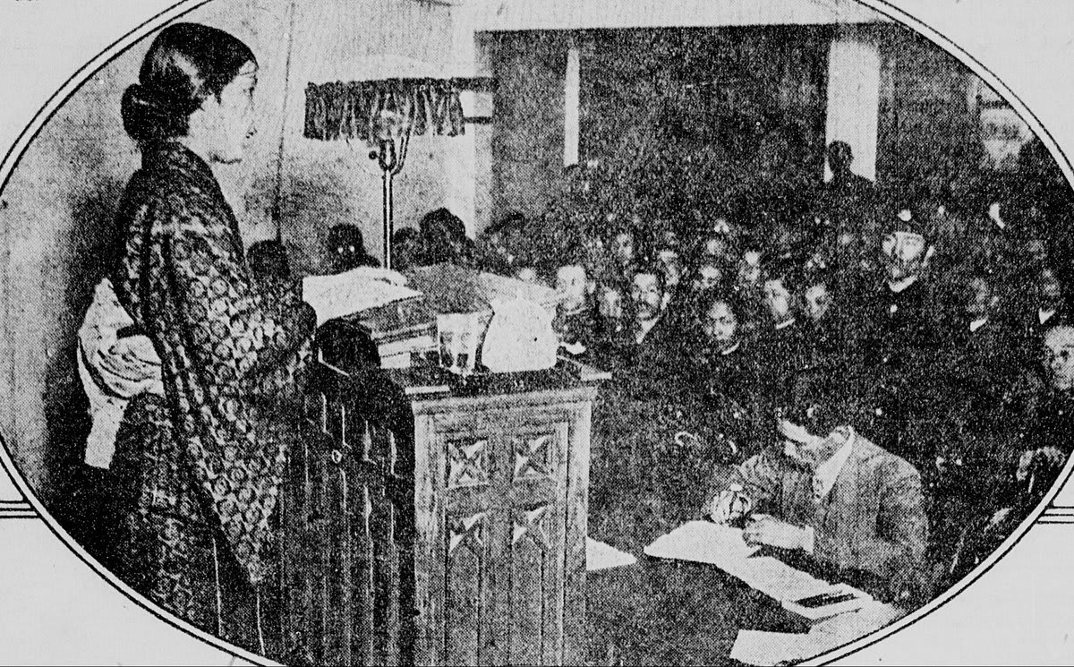 Miss Fusako Kutsunai, political activist, denouncing capitalism as the enemy of Japanese women. Now that Japanese women have suffrage, many are becoming politically-active.