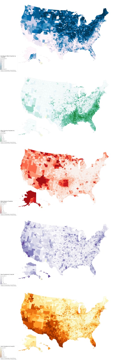 Maps of the Non-Hispanic White, Black, Native American, Asian, and Hispanic population in the U.S. around 2010 .