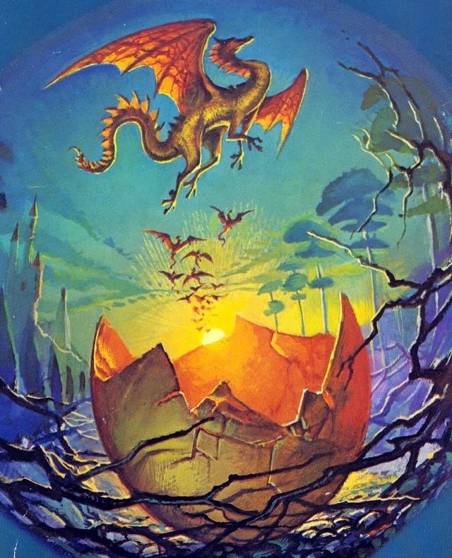 Bruce Pennington’s 1979 cover to Anne McCaffrey’s Dragonflight