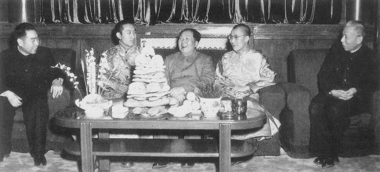 Mao Zedong (center) meeting with the 14th Dalai Lama (inner right) and 10th Panchen Lama (inner left) to celebrate the Tibetan New Year, Beijing, 1955