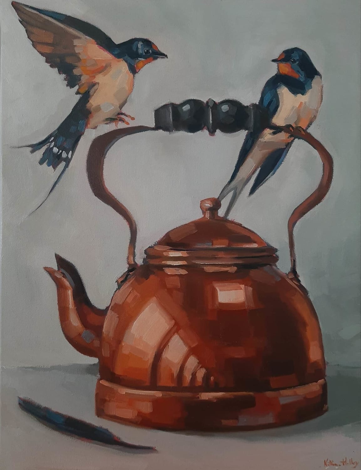 Tea for two, oil painting study of barn swallows and copper kettle
