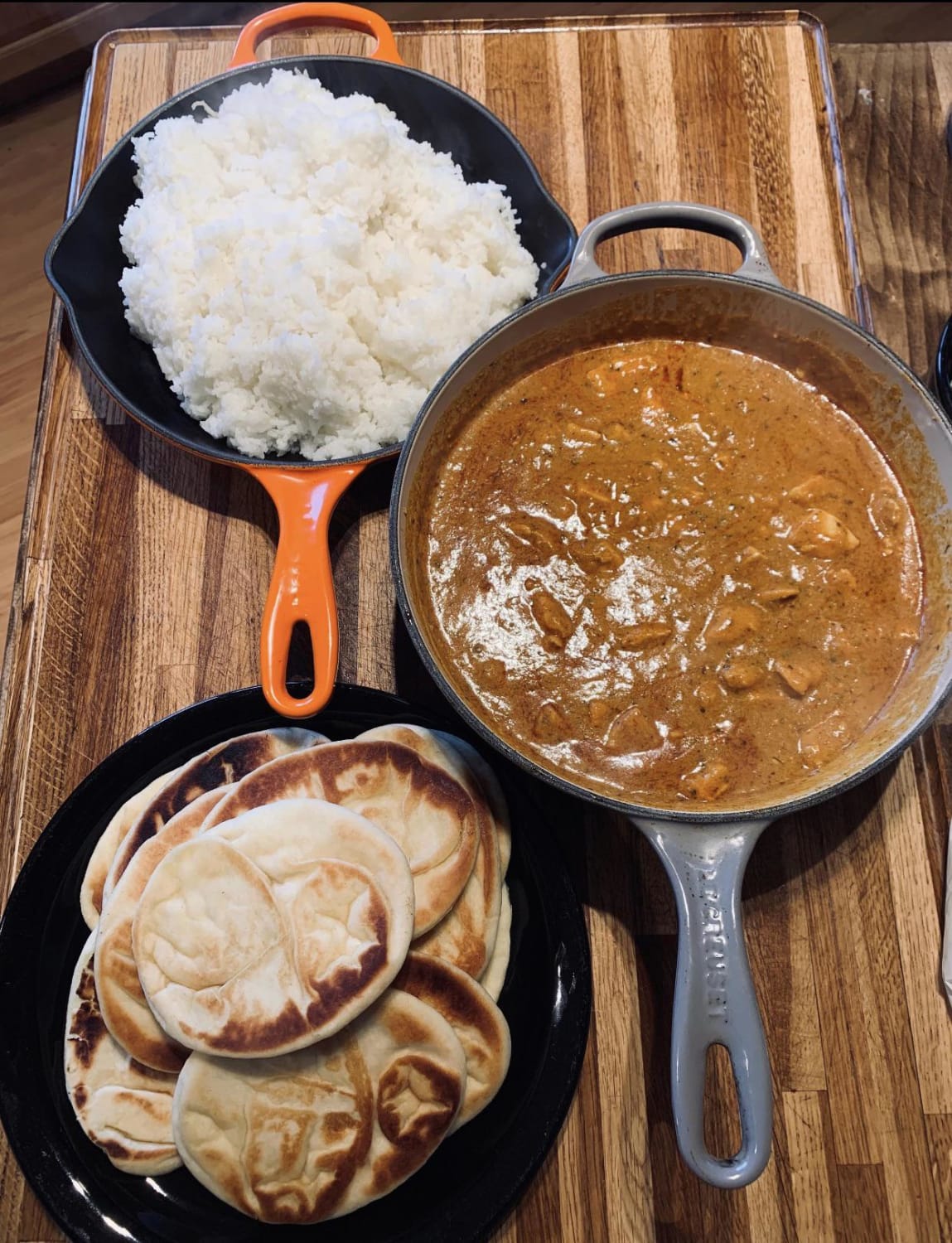 Dinner - Homemade Chicken Tikka Masala , cast iron naan and sticky rice.