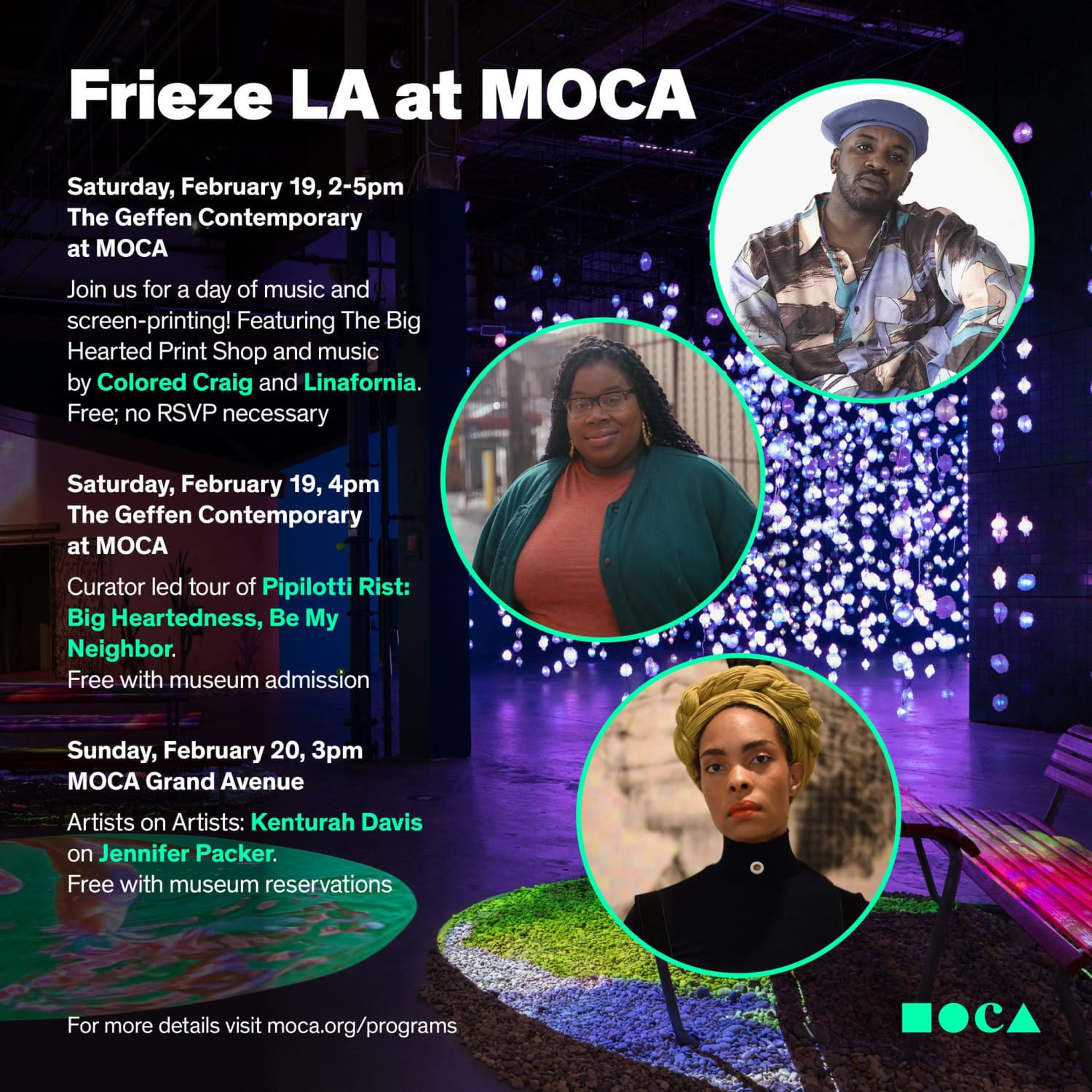Join us this weekend for FriezeLA at MOCA! Saturday - The Geffen will host outdoor music, food trucks & a screen printing workshop plus a tour of the Pipilotti Rist show. Sunday - artist Kenturah Davis will give a talk on Jennifer Packer. More info at